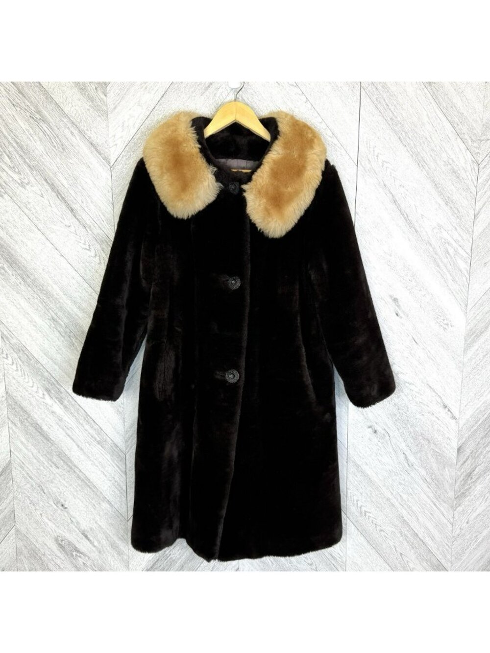 Vintage 60s Faux Fur Coat Brown Mod Atomic Penny Lane Mob Wife Womens Large